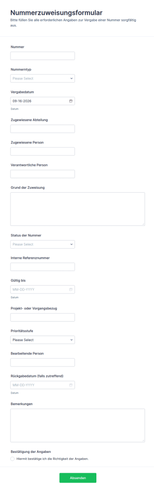 Zuweisung Von Nummern Formular