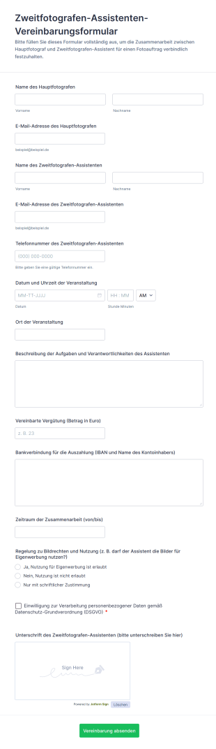 Zweitfotografen Assistenten Vereinbarungsformular