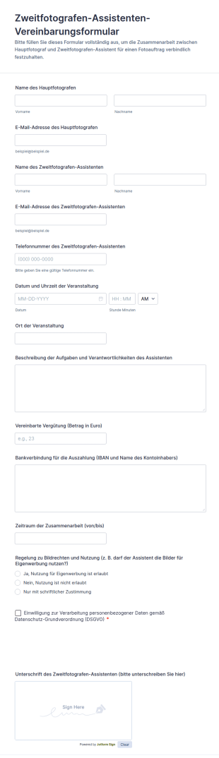 Zweitfotografen Assistenten Vereinbarungsformular