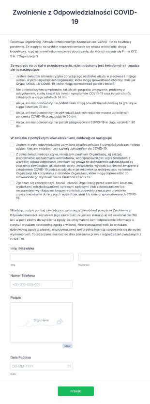 Zwolnienie Z Odpowiedzialności COVID 19
