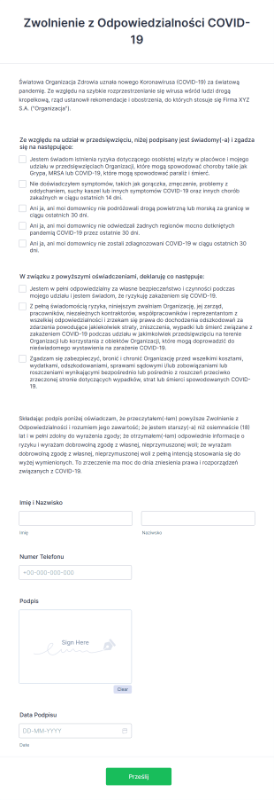 Zwolnienie Z Odpowiedzialności COVID 19