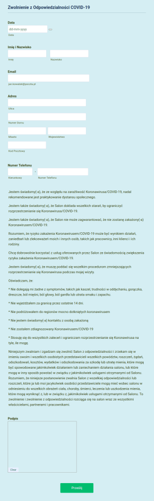Zwolnienie Salonu Z Odpowiedzialności COVID 19