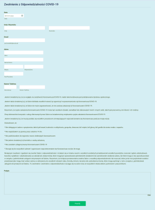 Zwolnienie Salonu Z Odpowiedzialności COVID 19 Form Template