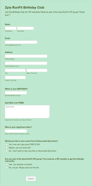 Zyia Birthday Club Form Template