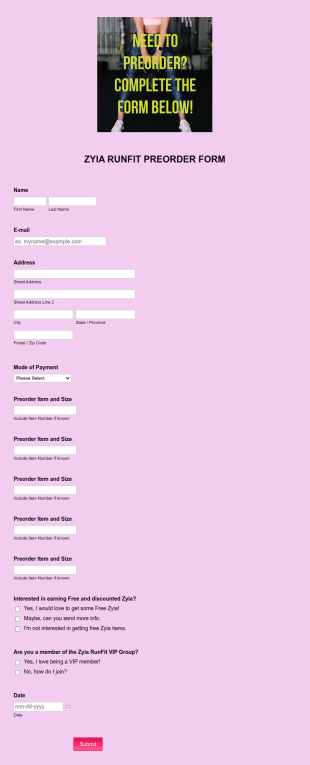Zyia RunFit Pre Order Form Template