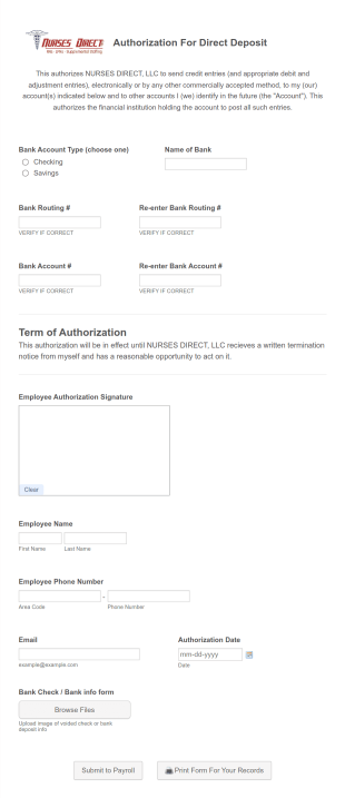 Zz Direct Deposit Form (pvtND) Form Template