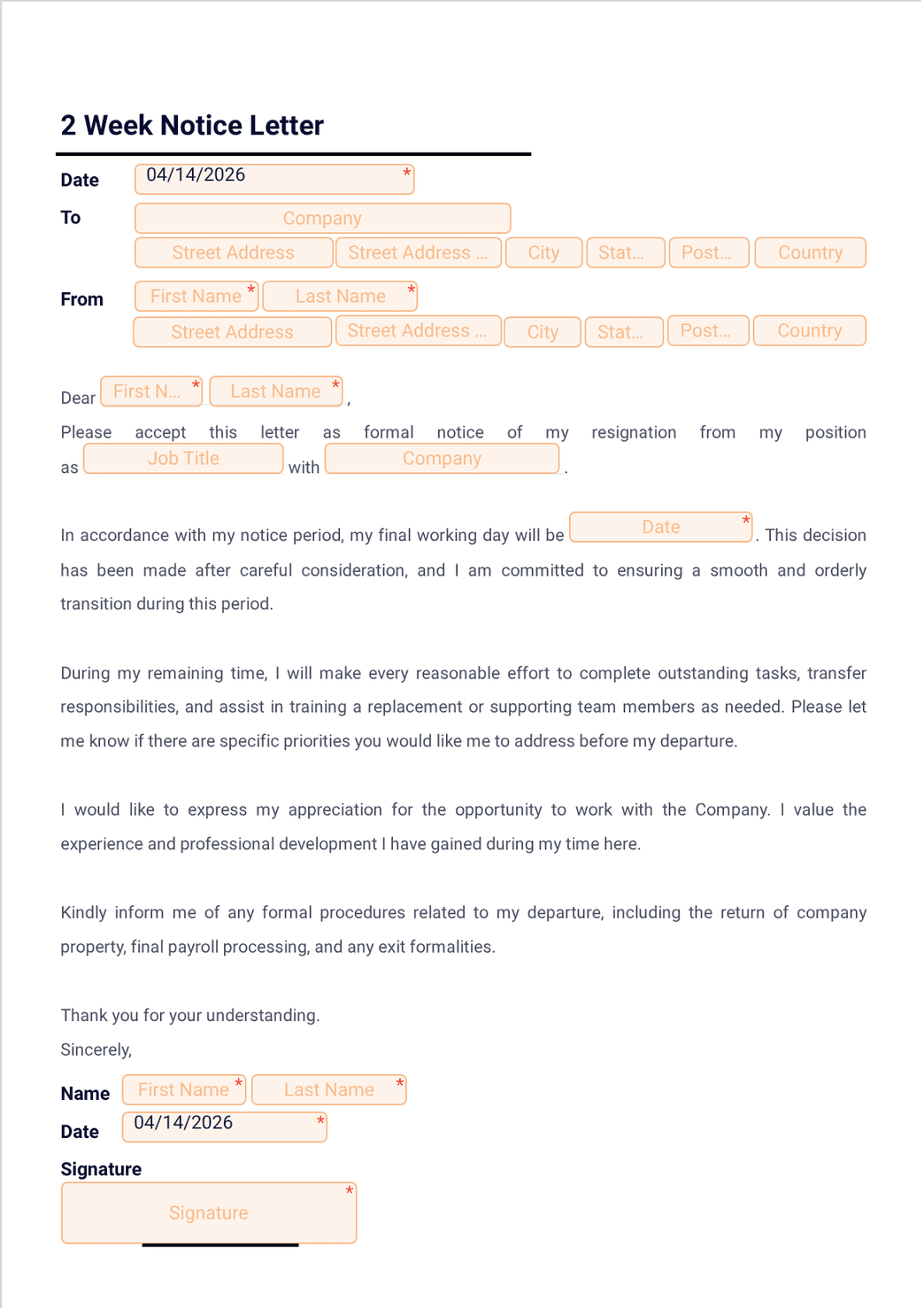 2 Week Notice Letter Template - PDF Templates | Jotform