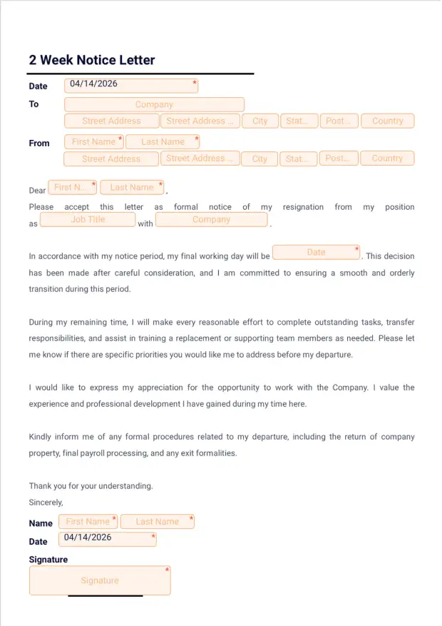 2 Week Notice Letter Template