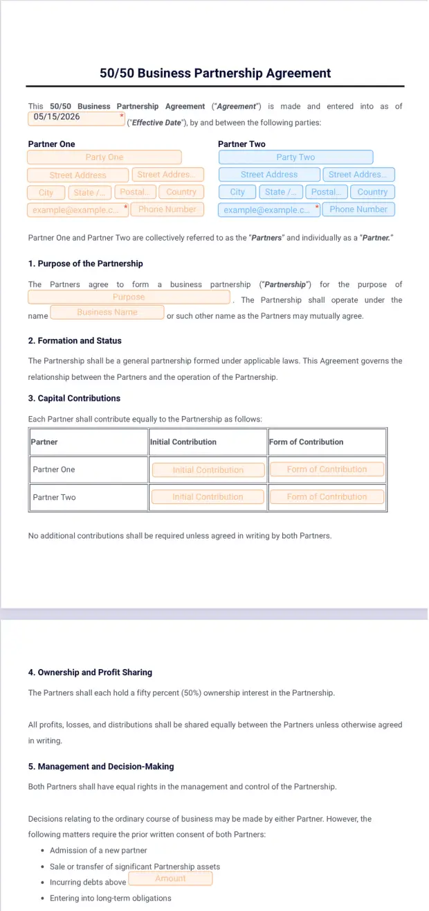 50 50 Business Partnership Agreement Template
