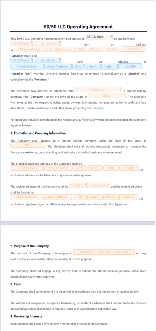 50-50 LLC Operating Agreement Template - PDF Templates