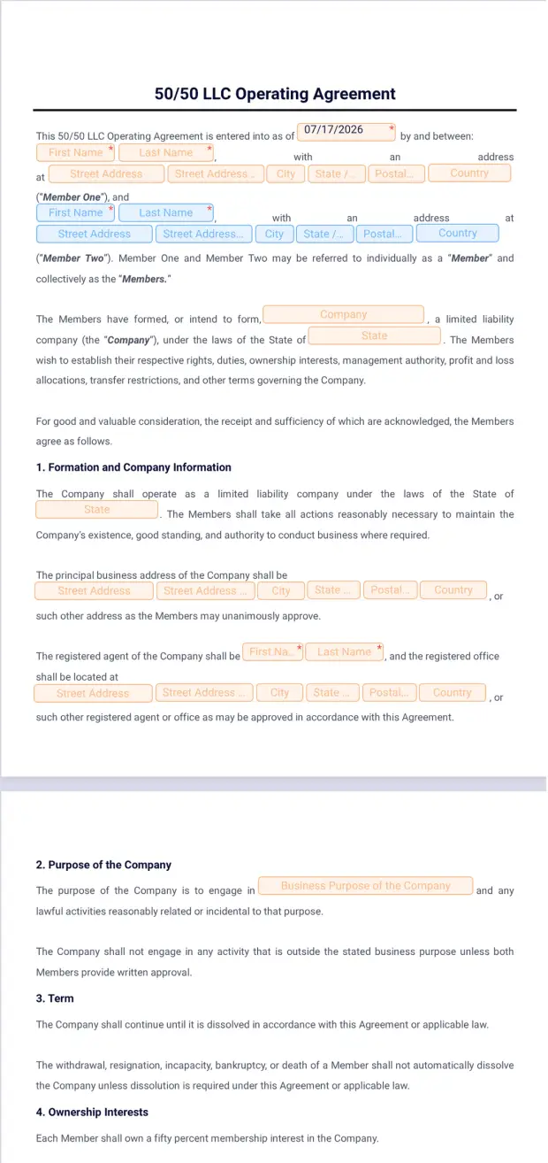 50 50 LLC Operating Agreement Template