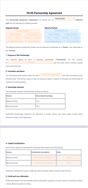 70-30 Partnership Agreement Template - PDF Templates