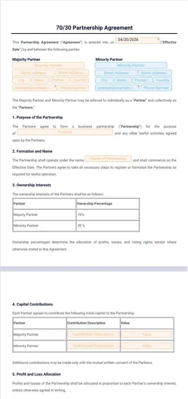 70 30 Partnership Agreement Template
