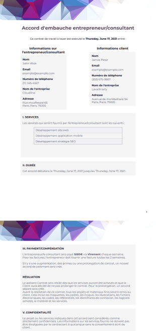 Accord d'embauche entrepreneur consultant - PDF Templates