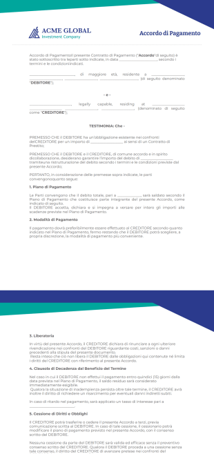 Accordo di Pagamento - PDF Templates