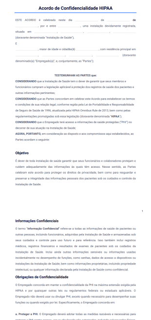 Acordo de Confidencialidade HIPAA Modelo de PDF