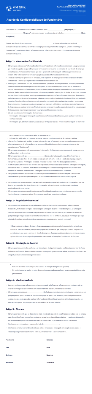 Acordo de Confidencialidade para Funcionários - PDF Templates