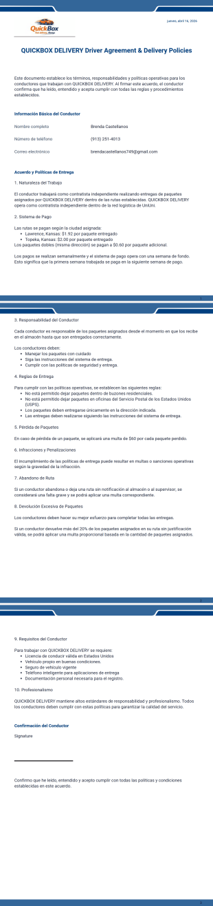 Acuerdo de conductor y políticas de entrega de QUICKBOX DELIVERY Plantilla PDF