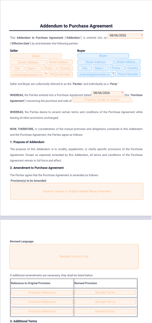Addendum to Purchase Agreement Template - PDF Templates