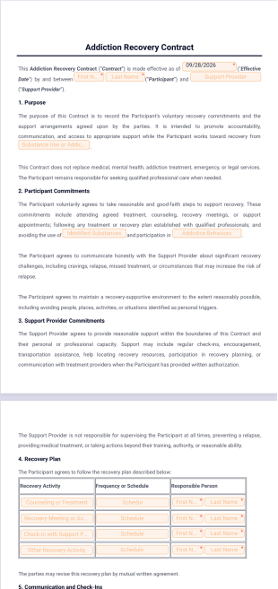Addiction Recovery Contract Template - PDF Templates