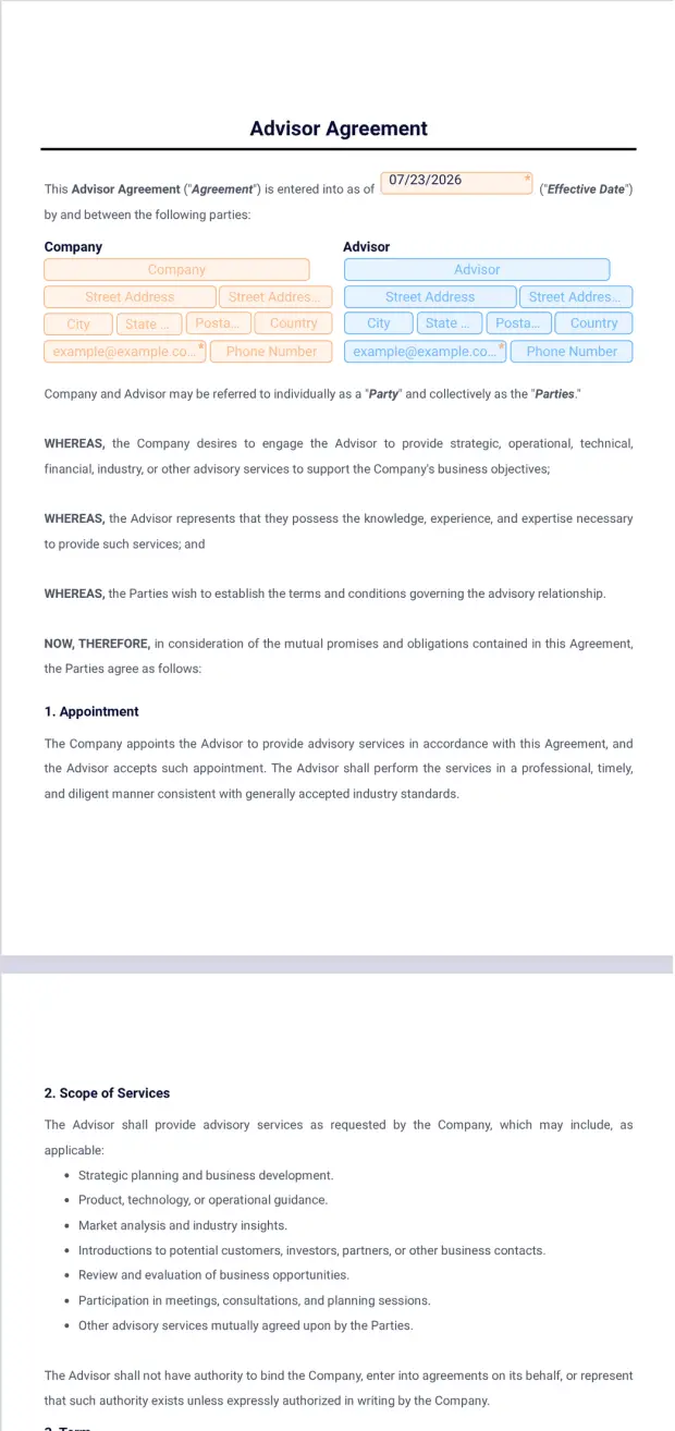 Advisor Agreement Template