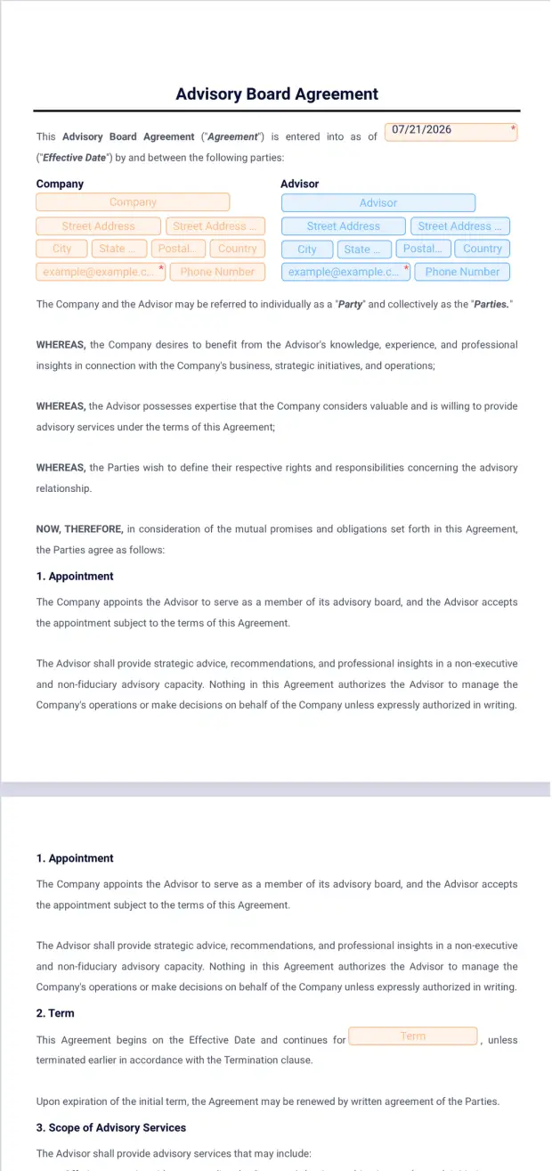 Advisory Board Agreement Template