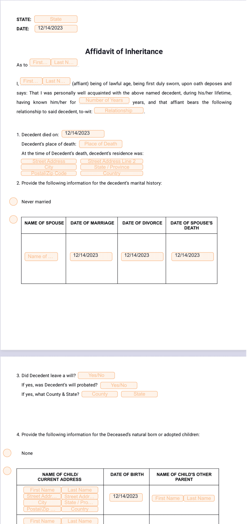 Affidavit of Inheritance PDF Template | Jotform