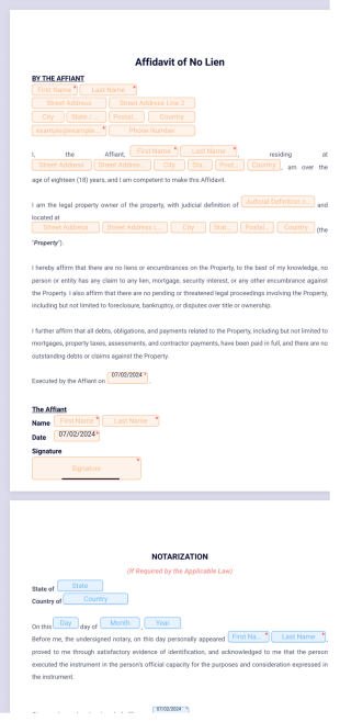 Affidavit of No Lien PDF Template