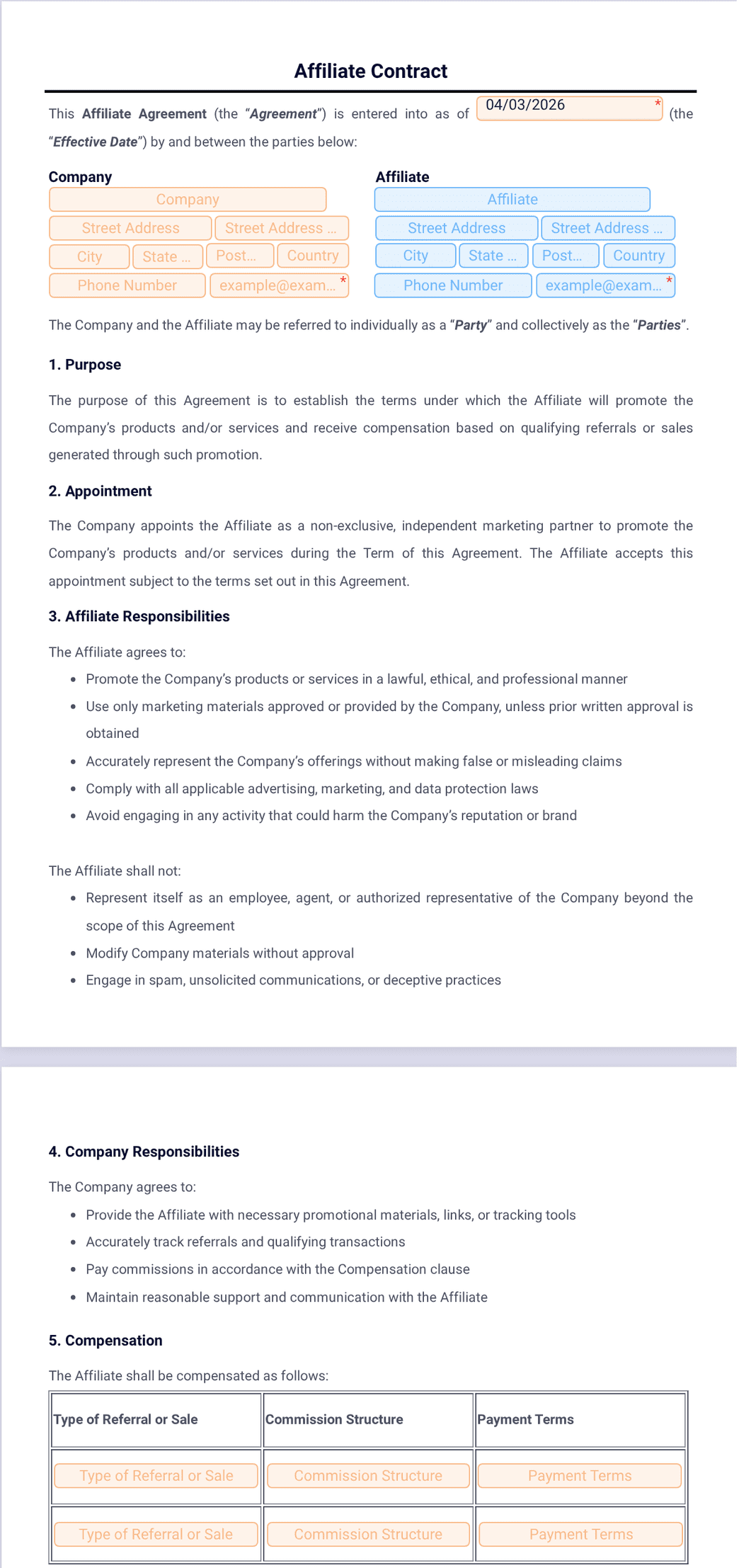 Affiliate Contract Template - PDF Templates | Jotform