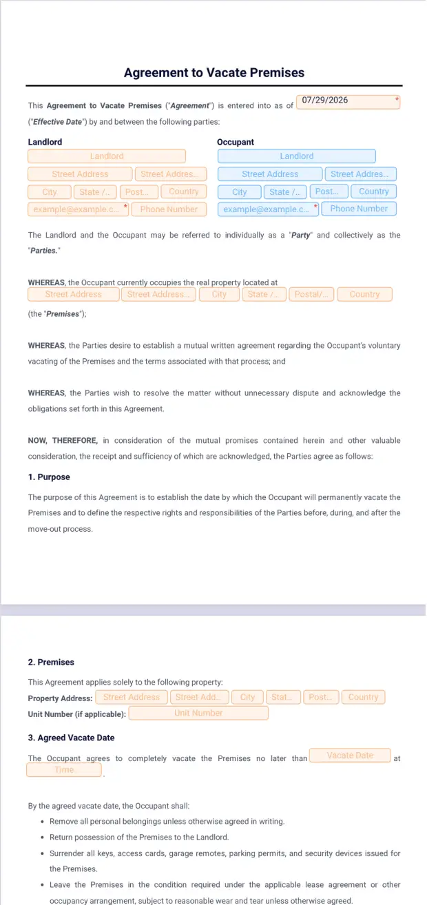 Agreement to Vacate Premises Template