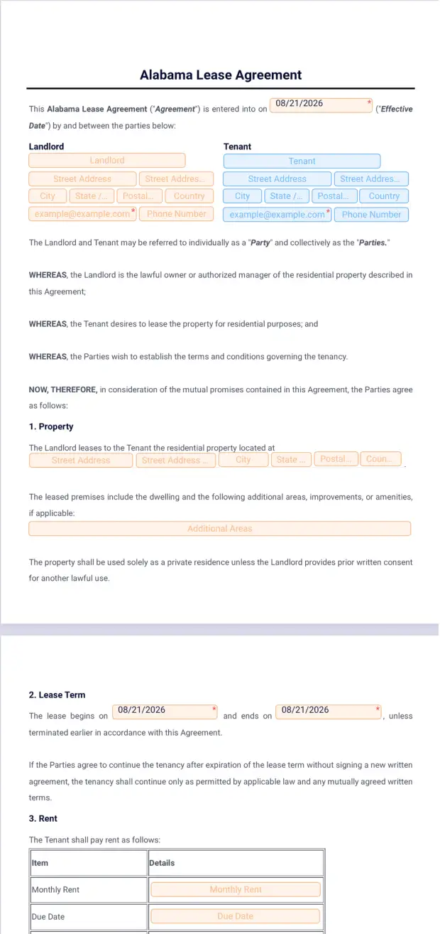 Alabama Lease Agreement Template