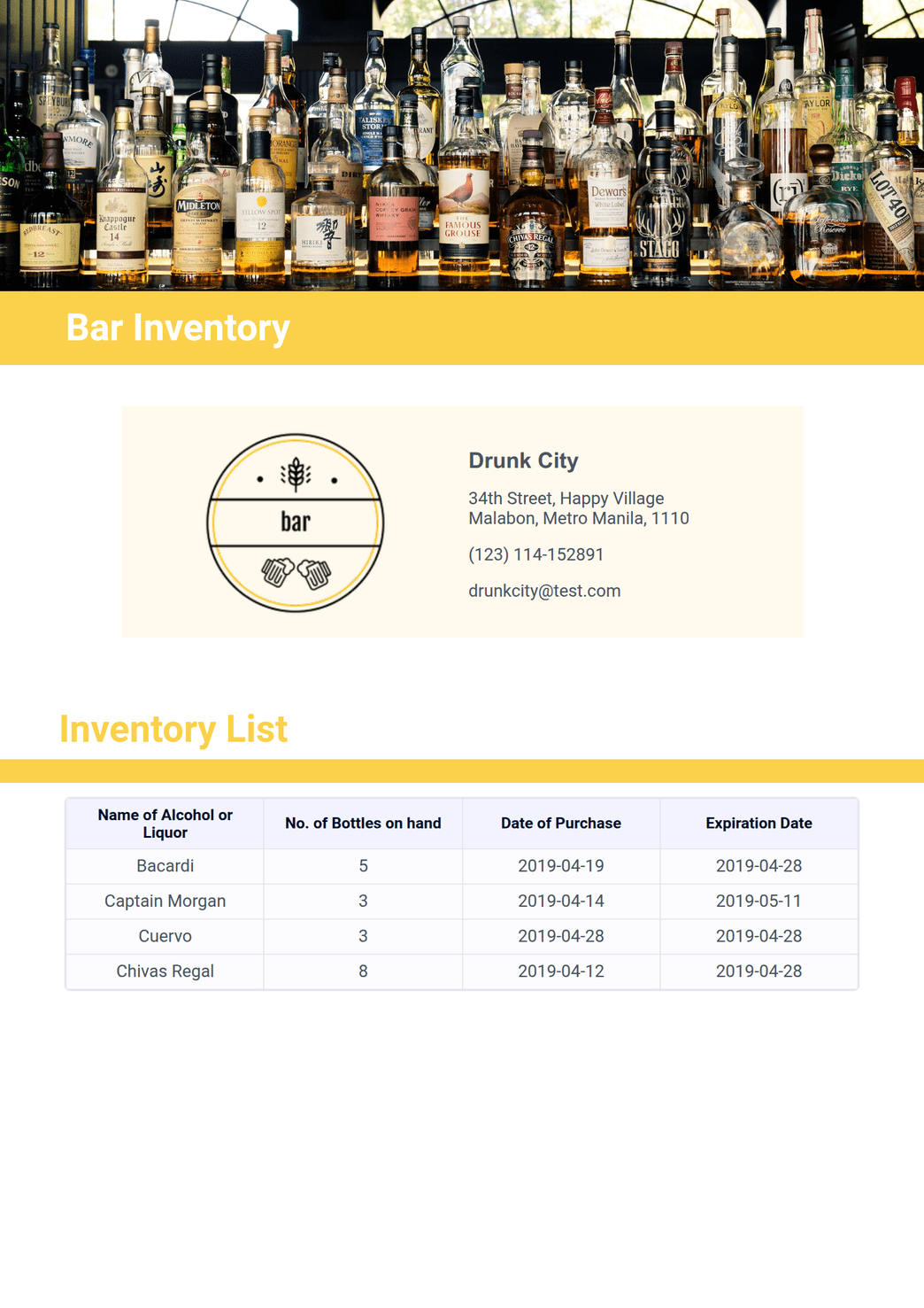 Alcohol Inventory Paper Alcohol Inventory Template - PDF Templates | Jotform