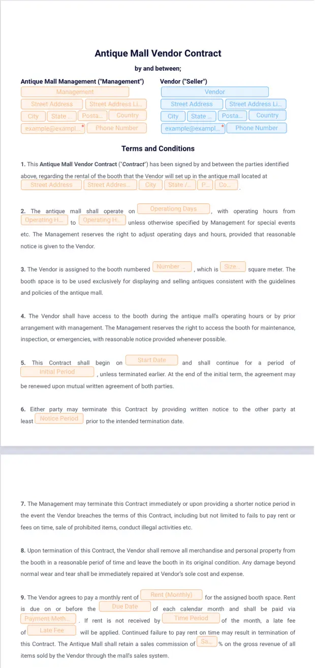Antique Mall Vendor Contract Template - PDF Templates | Jotform