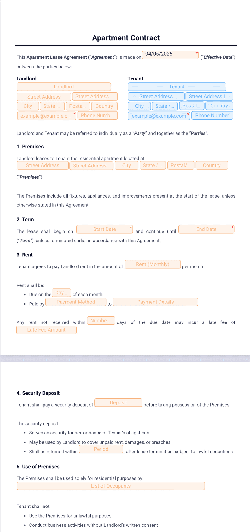 Apartment Contract Template - PDF Templates | Jotform
