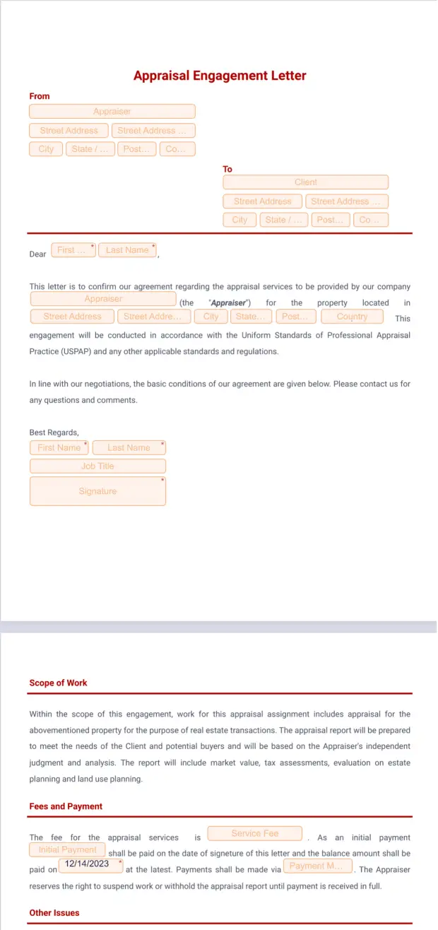 Appraise Letter Appraisal Engagement Letter PDF Template | Jotform