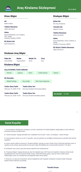 Araç Kiralama Sözleşmesi Örneği PDF Şablonu