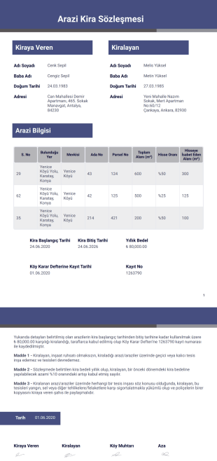 Arazi Kira Sözleşmesi PDF Şablonu