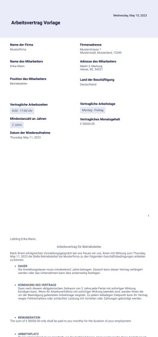 Arbeitsvertrag Vorlage - PDF-Vorlagen