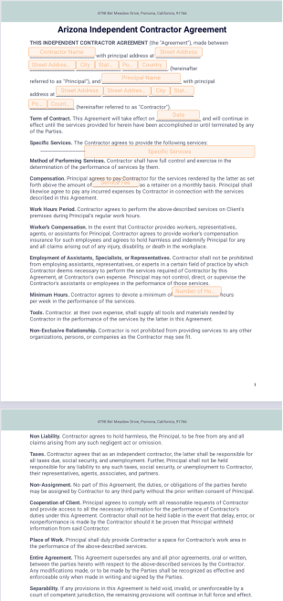 Arizona Independent Contractor Agreement PDF Template