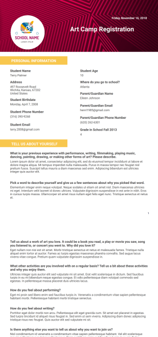 Art Camp Registration PDF Template