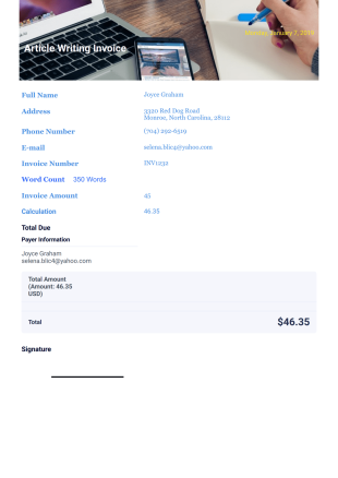 Article Writing Invoice Template - PDF Templates