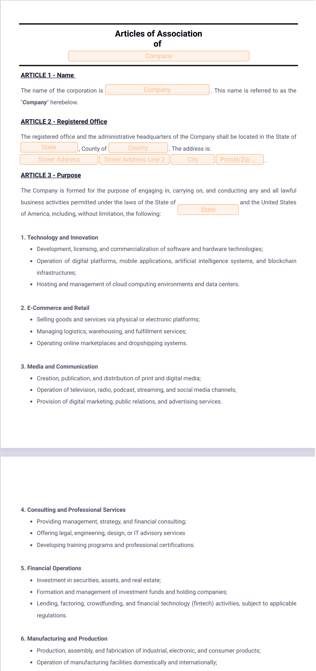 Articles of Association Template - PDF Templates | Jotform