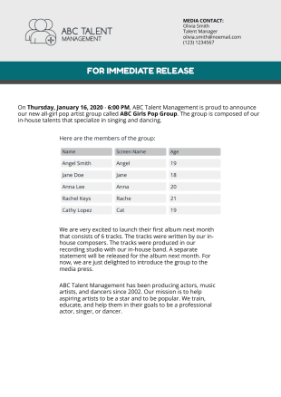 Artist Press Release Template - PDF Templates