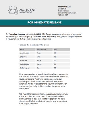 Artist Press Release Template - PDF Templates