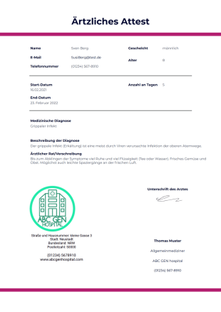 Ärztliches Attest Muster als PDF-Vorlage