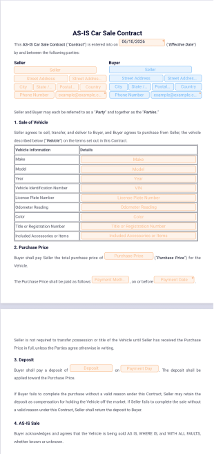 AS-IS Car Sale Contract Template - PDF Templates
