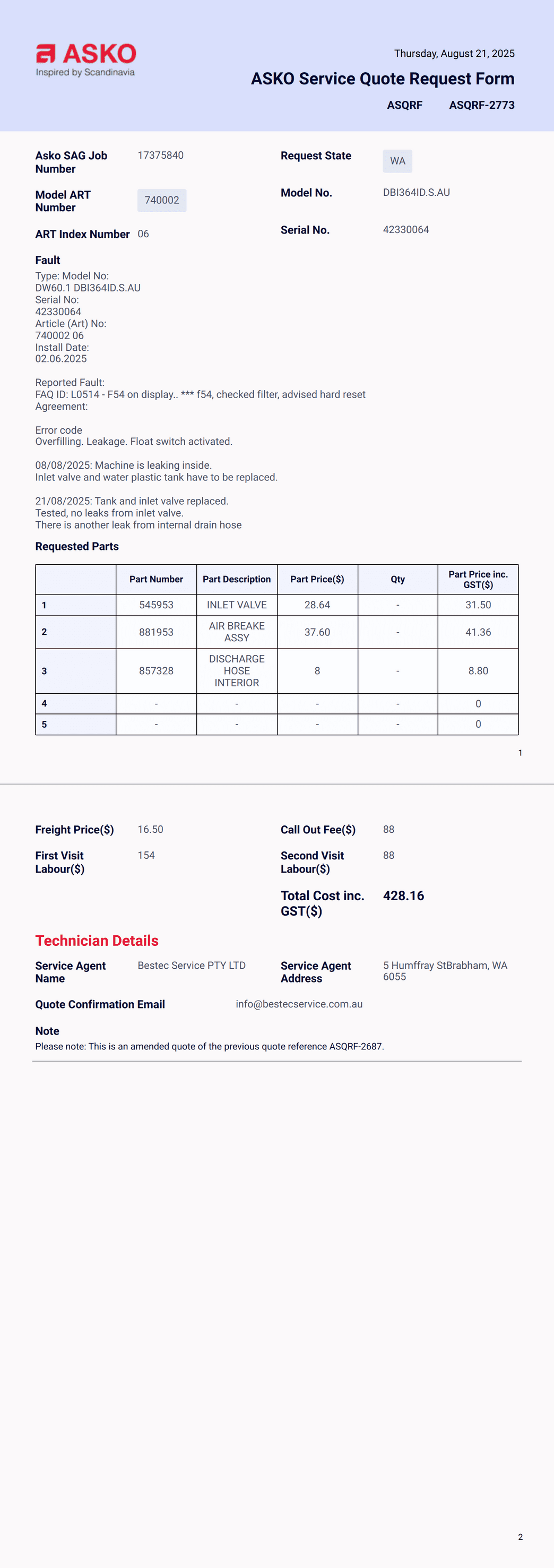ASKO Service Quote Request Form PDF PDF Templates Jotform