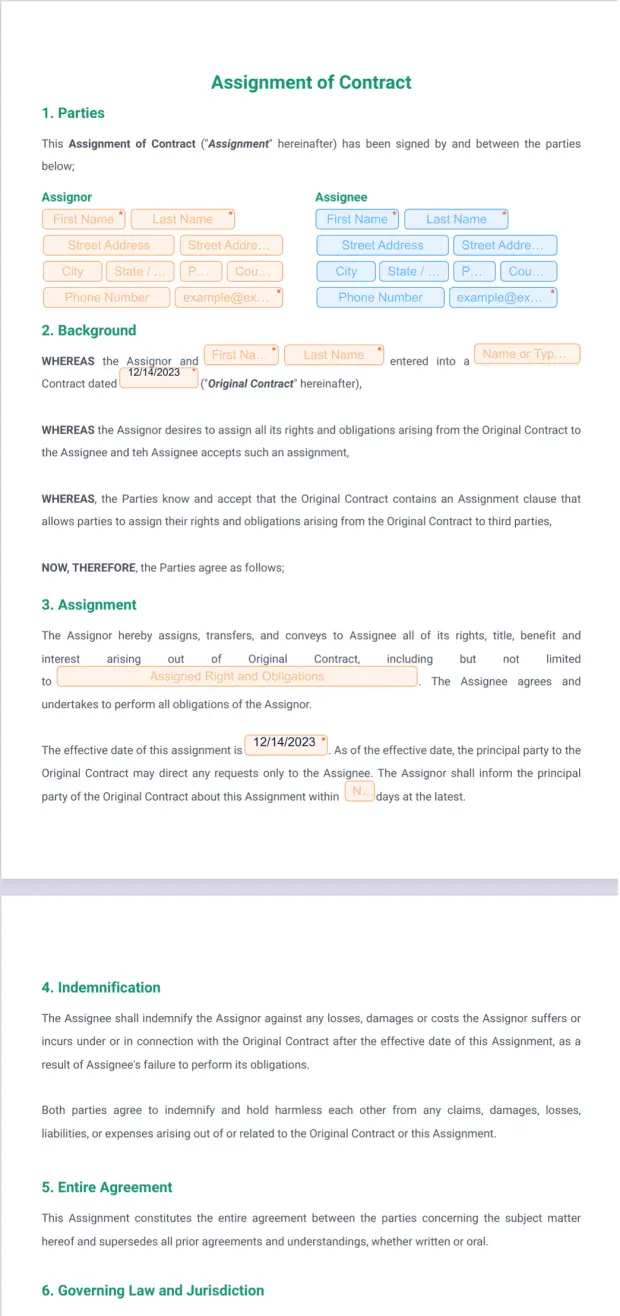 Assignment of Contract Template