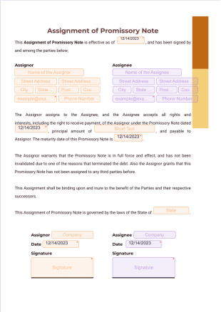 Assignment of Promissory Note PDF Template