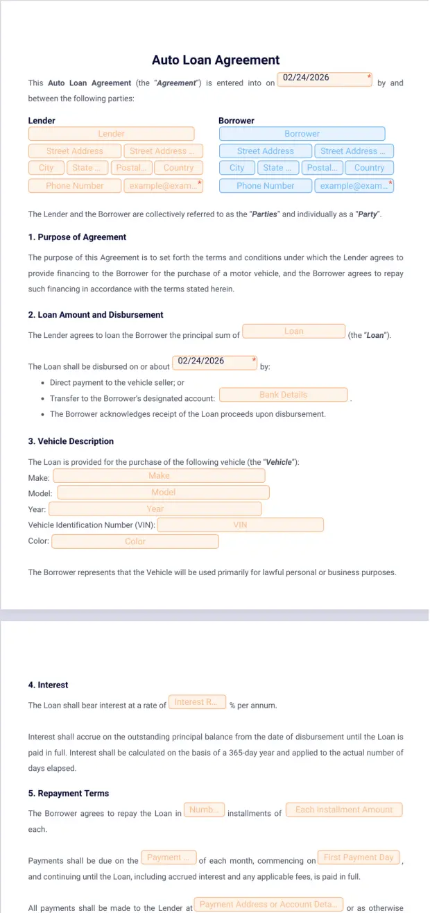 Auto Loan Agreement Template